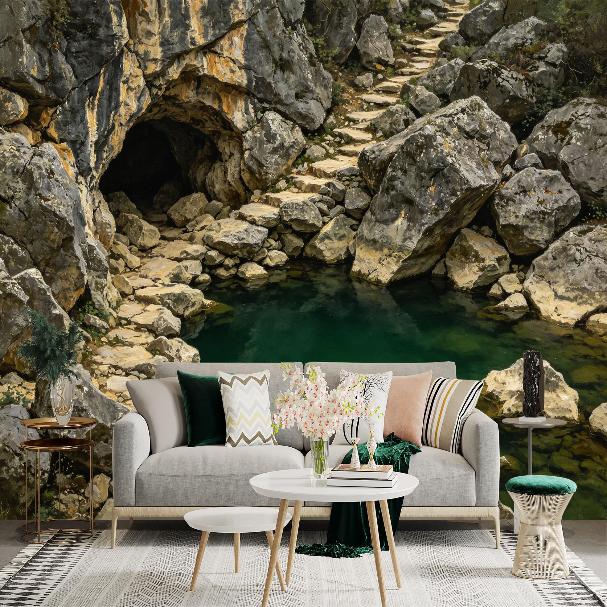 Lnzczhyre Dbh260521358 Custom Size Wall Sticker Mural， Natural Rocky Cave With Serene Green Pond And Stone Path， For Wall Decoration， Peelandstick Wall Decals.