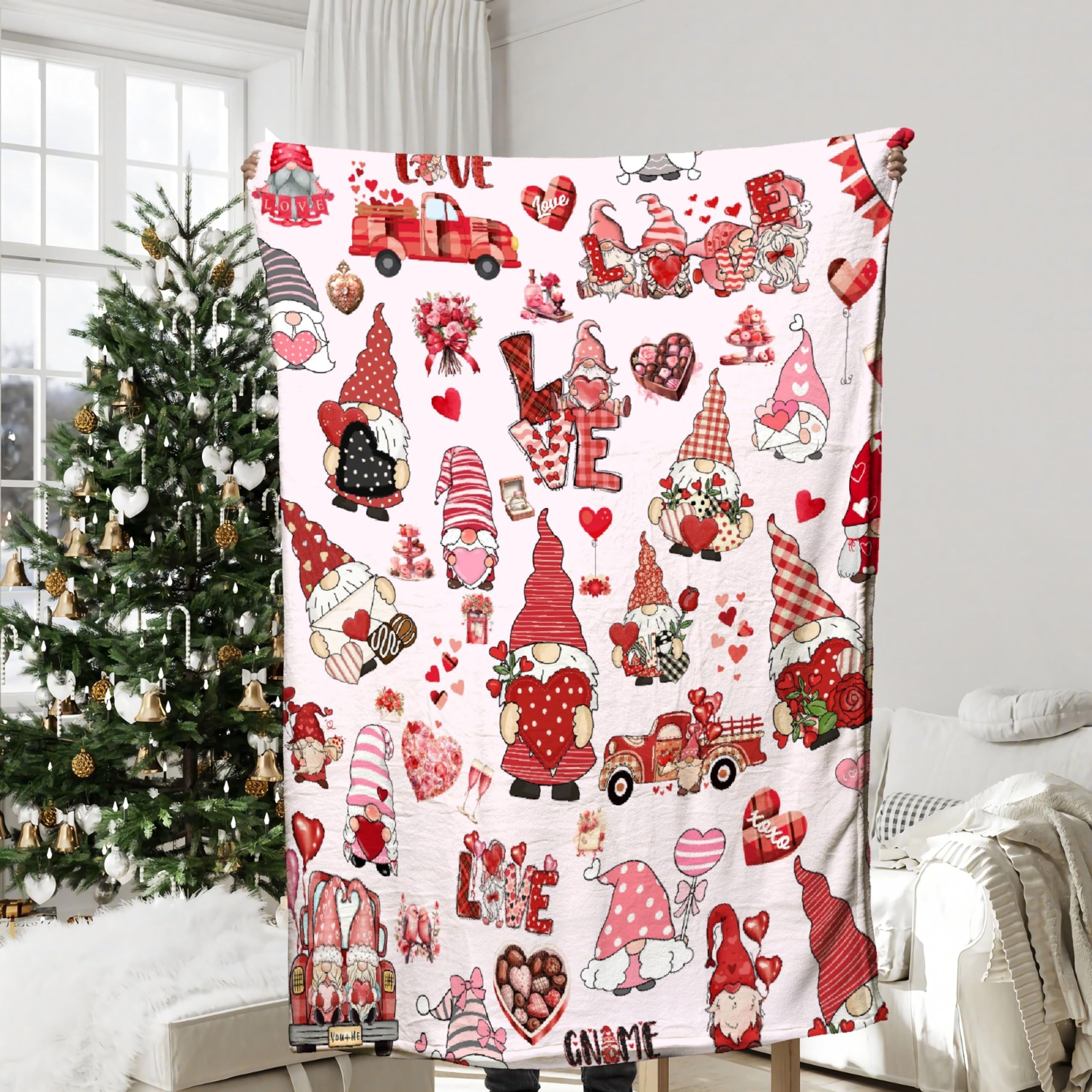 Valentine Gnome Blanket Gifts for Girls Boys, Cute Valentine's Day Gnome Throw Blanket Gifts for Baby Rose Flower Decor Pink Heart Plush Soft Lightweight Flannel Fleece Chocolate Blankets 40x30In