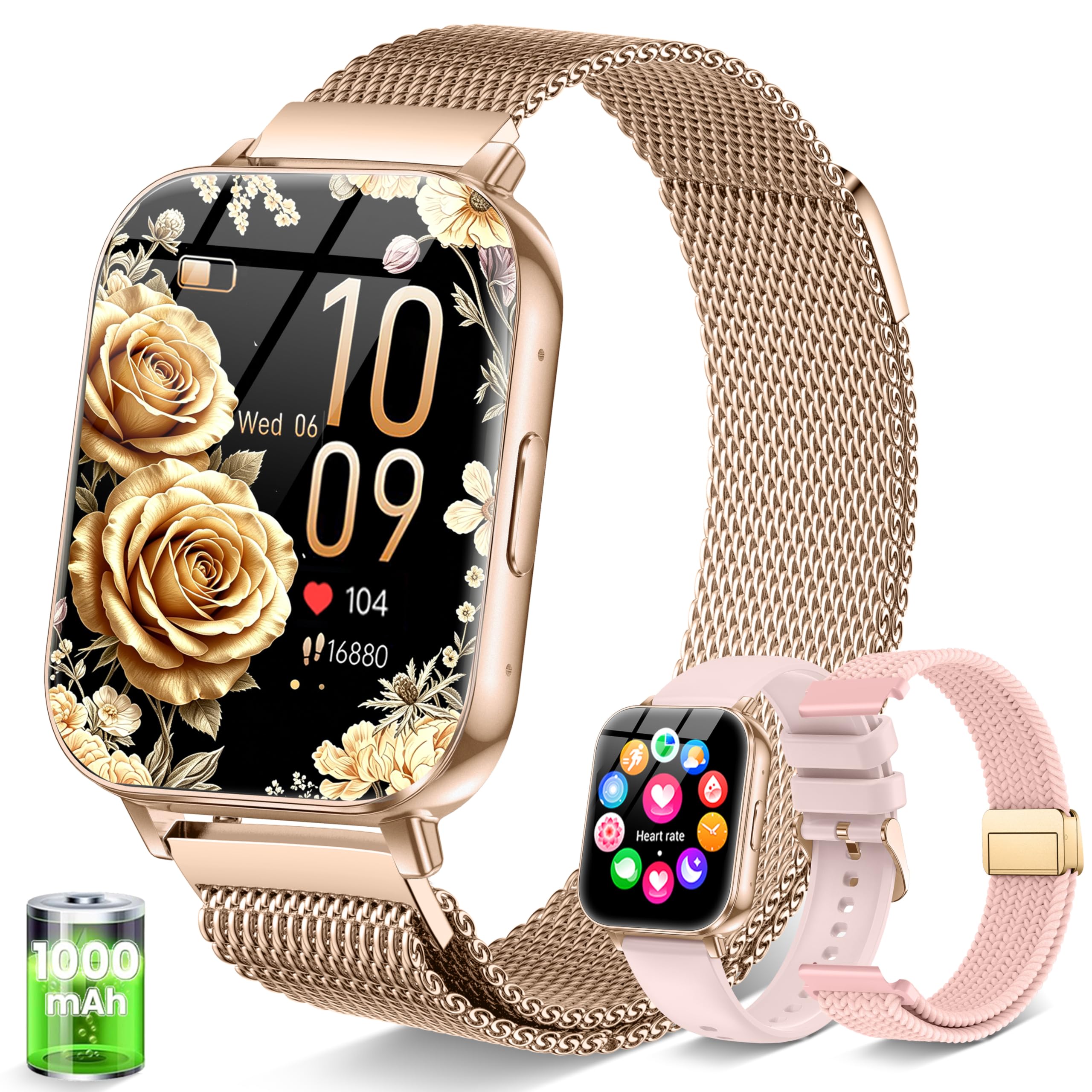 Smartwatch Damen mit Telefonfunktion 1,85" 30+ Tage Autarkiezeit Fitnessuhr Herzfrequenz SpO2 Schlaf Monitor 120+ Sportmodi 1000mAh iOS Android Roségold