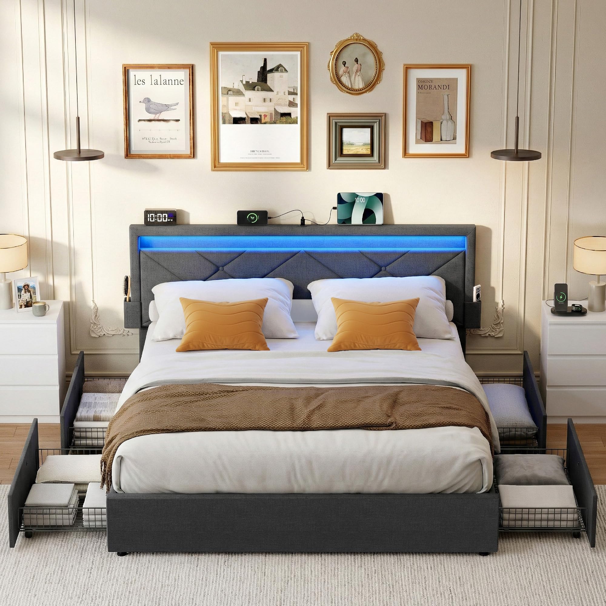 VASAGLE Lit Double, 140 x 190 cm, avec LED, en Métal, 4 Tiroirs, Multiprise, Tête de Lit Rembourrée Ajustable, Pas Besoin de Sommier, Gris Ardoise et Noir Mat RMB826G02