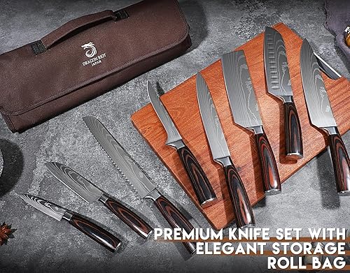 Miniatura 7 de DRAGON ROIT - Juego de cuchillos japoneses con patrón de damasco para cocina con bolsa de rollo, juego de cuchillos de cocina afilados de acero