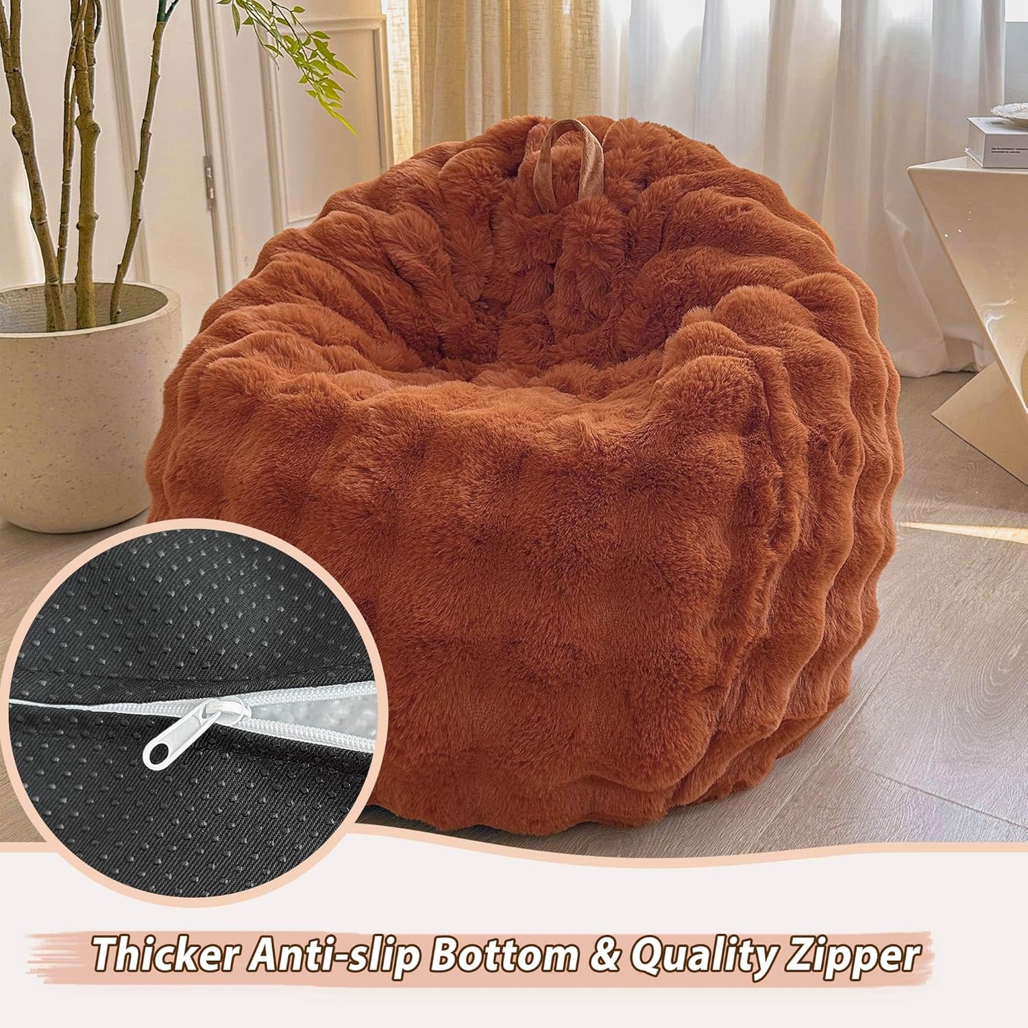 LIFEREVO Fluffy Faux Rabbit Fur Bean Bag Cover (No Filler), Cozy Fuzzy Stuffed Animal Storage Bubble Large Bean Bag Chair for Plush Toys, Shaggy Furry Beanbag Cover Kids Girls Adults 3ft, Burnt Orange