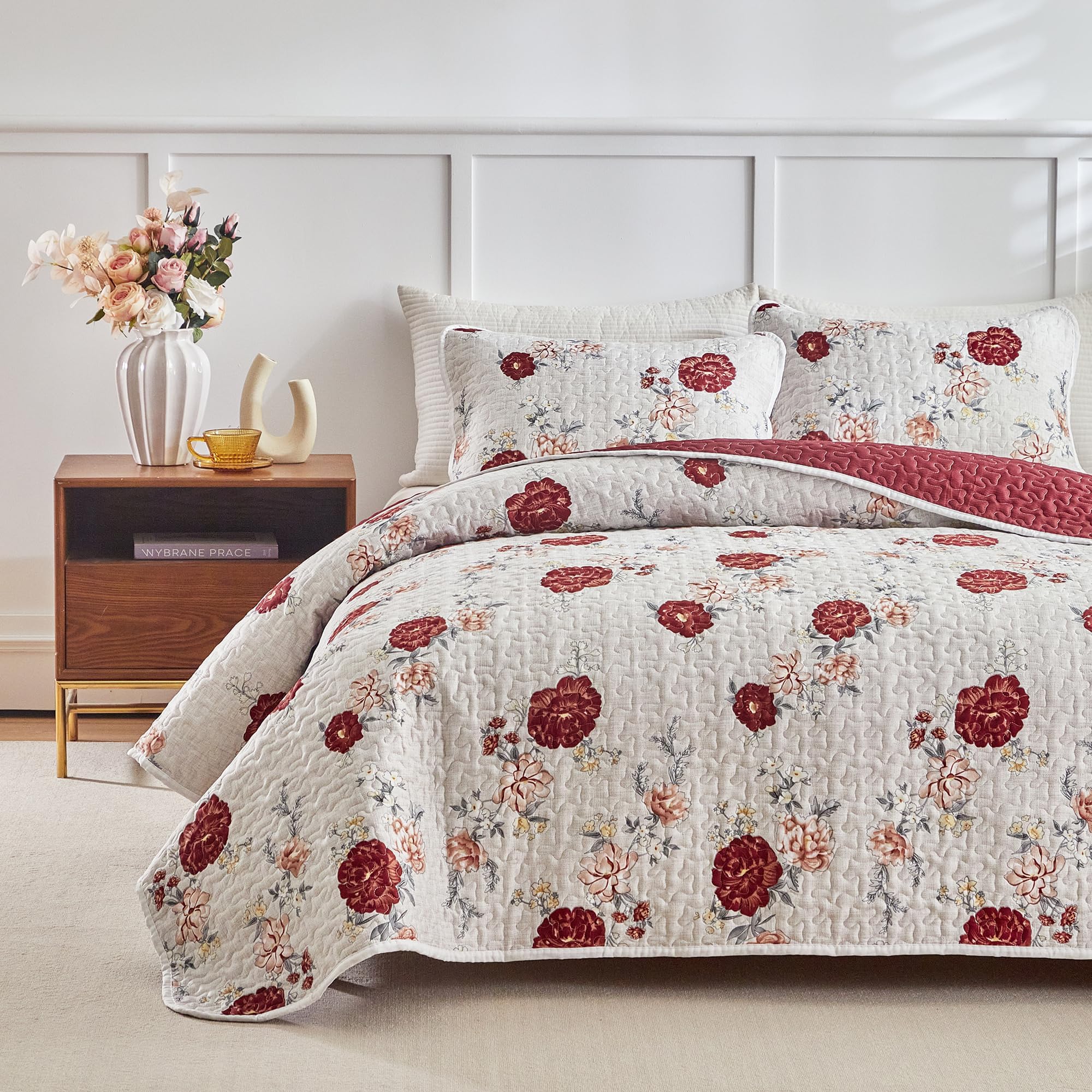 Floral Quilt Set 3 Pieces Queen Size White with Rose Botanical Spring Flower Quilt Bedding Set, Microfiber Lightweight Bedspread, Coverlet Set for All Seasons