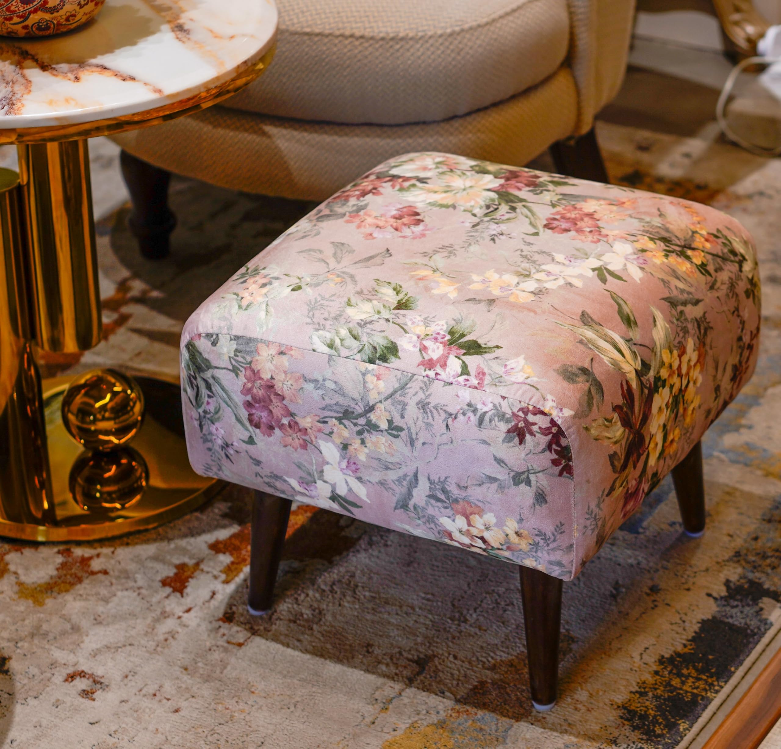 Puffy Stool for Living Room Vanity Dressing Table Sitting Pink Flower Printed Premium Foam Cushioned Pouffe Ottoman for Foot Rest Stool for Home Decor Furniture Wooden (Floral) ( )