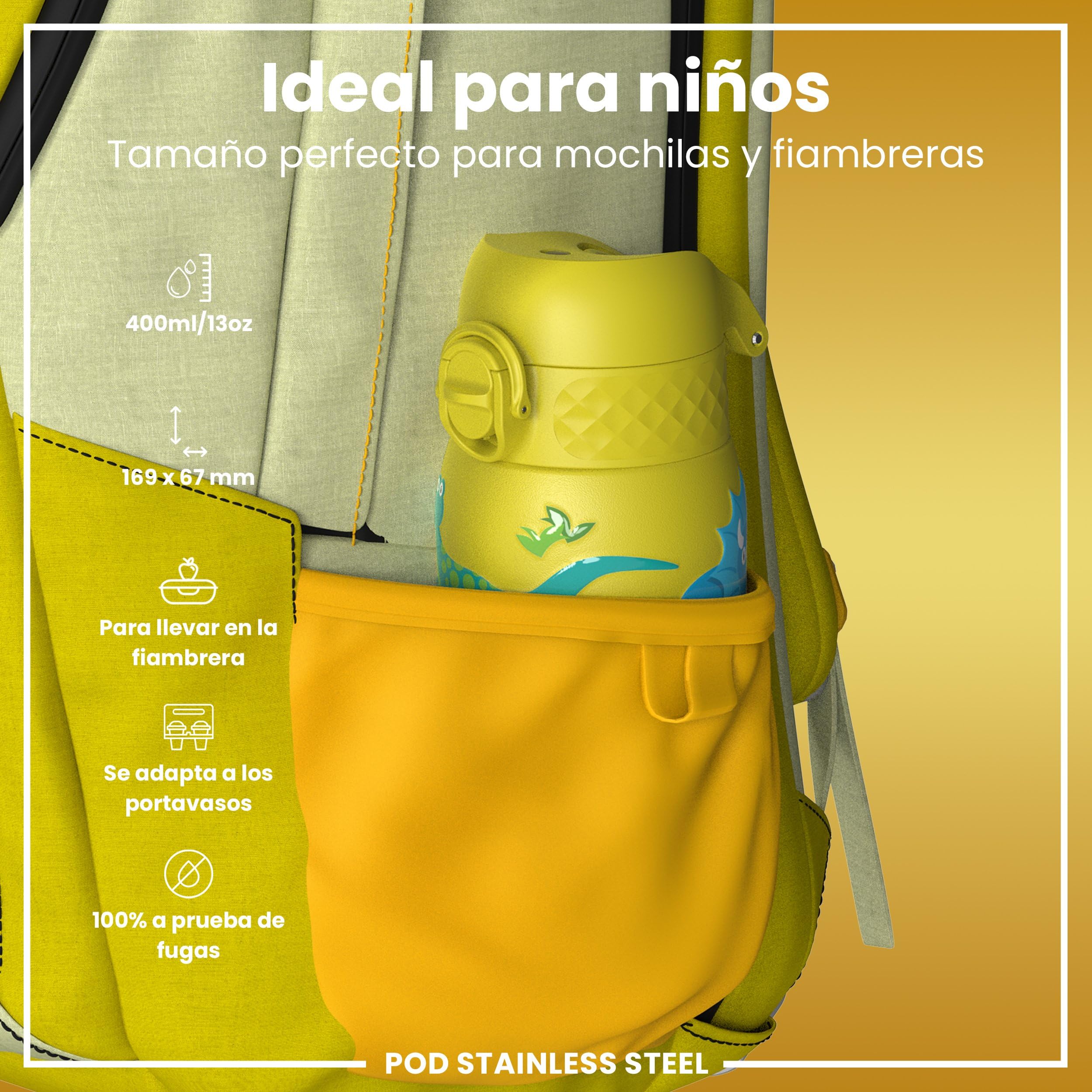 ion8 Botella Agua Inox Ligero para Niños, 400ml, Sin Aislamiento, a Prueba de Fugas, Fácil de Abrir, Cerradura Segura, Apta para Lavavajillas, Tapa Abatible, Fácil de Limpiar, Dinosaurios
