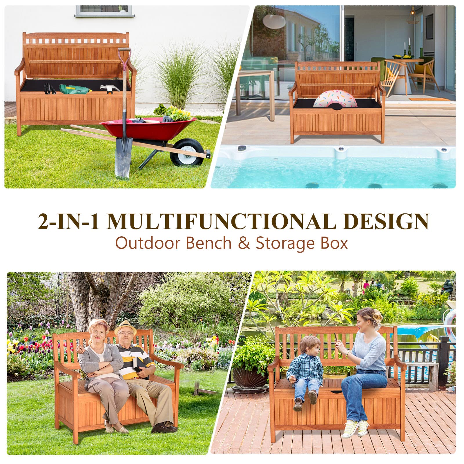 KOMFOTTEU Arcón de Jardín de Madera de Acacia, Banco Contenedor para Exterior de 2 Plazas Con Respaldo y Reposabrazos, Baúl Almacenaje Con Bolsa, 107 x 59 x 90 cm