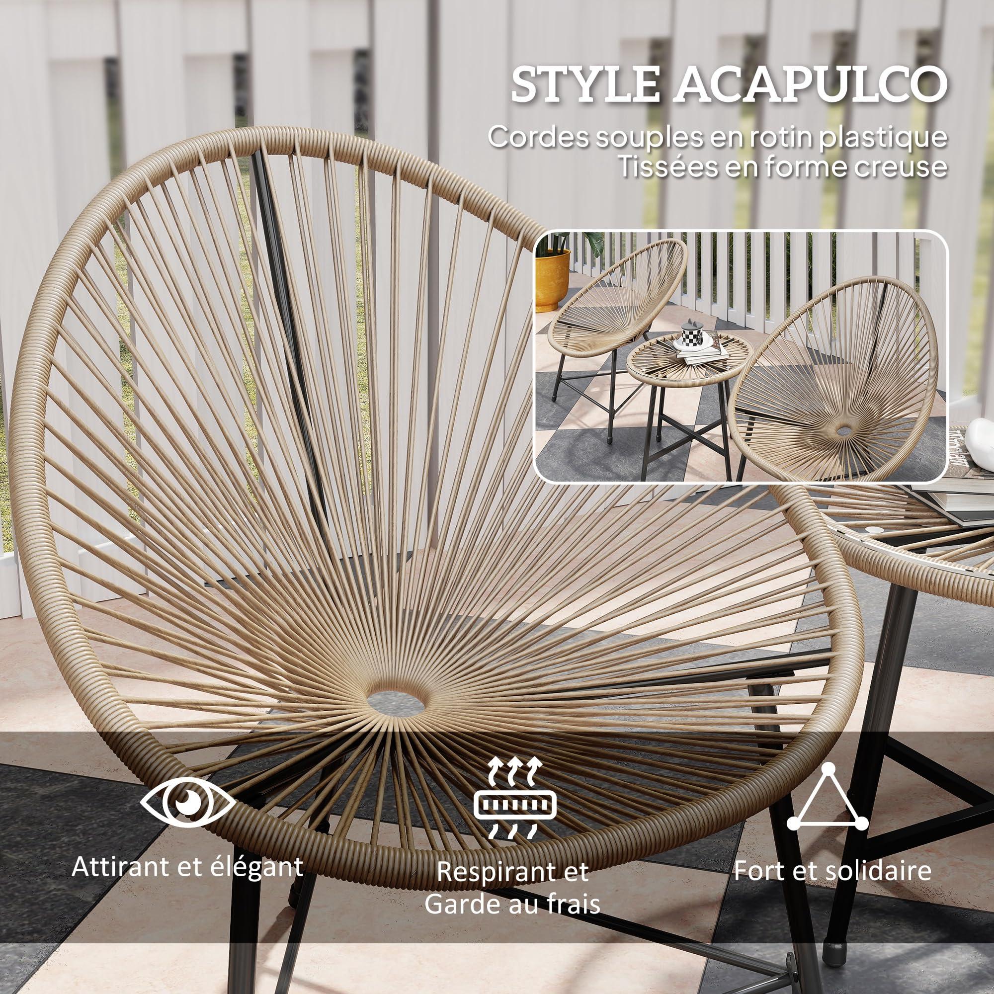 Outsunny Salon de Jardin extérieur en résine tressée 2 Personnes, Table avec 2 chaises, Plateau en Verre trempé, Naturel
