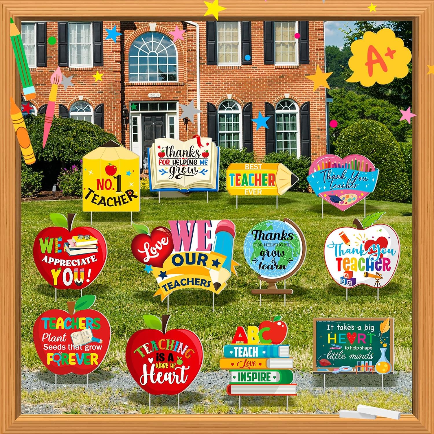 Skyygemm 12 Pcs Teacher Appreciation Yard Sign with Stakes Thank You Teachers Outdoor Decoration We Love Our Teacher Lawn Signs Blackcoard Book Pencils Signs for Garden Outdoor Party Supplies