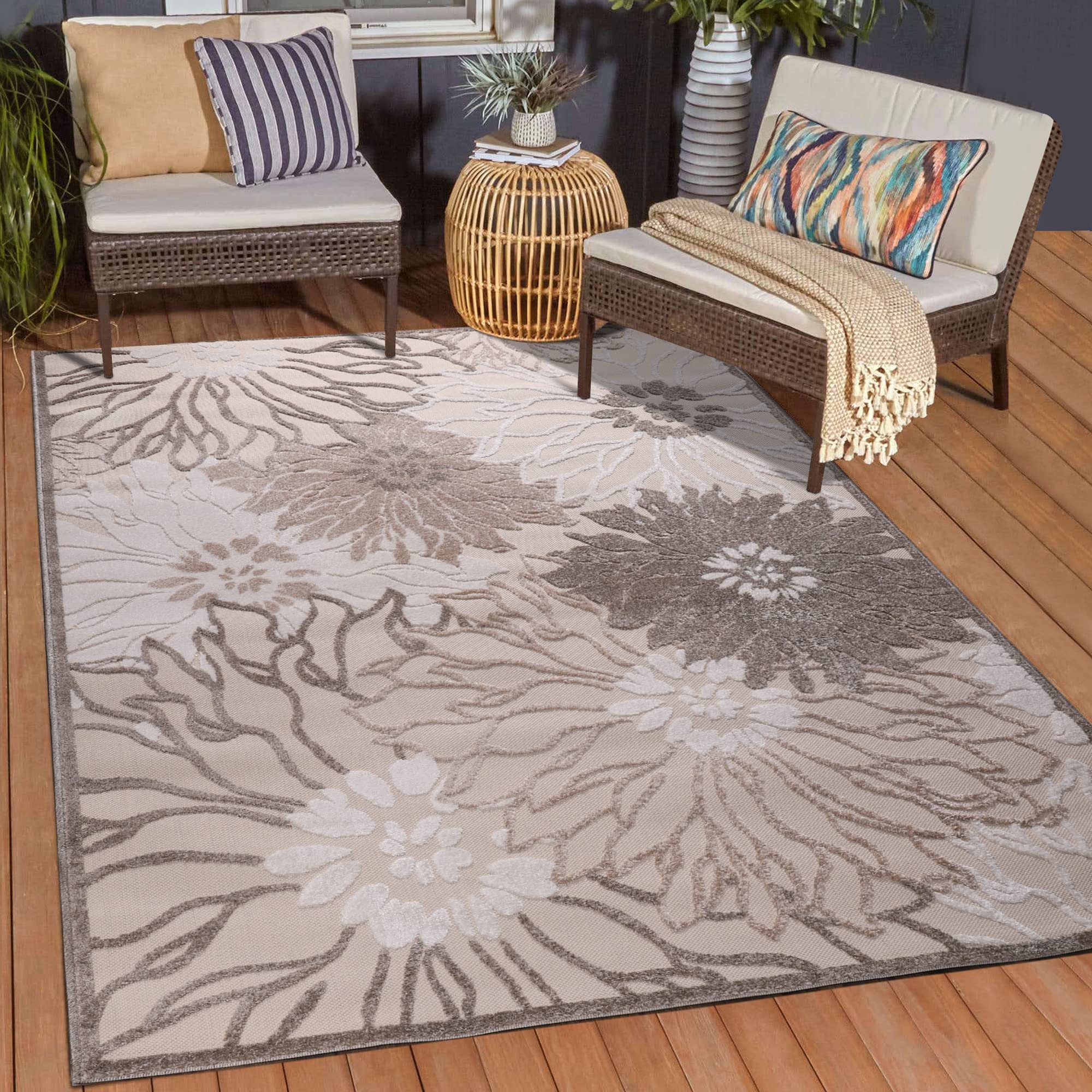 Impression Outdoor Teppich Wetterfest - Balkon Teppich Wasserabweisend - Teppich für den Innen und Außenbereich, Terrasse, Garten, Wohnzimmer, Bad oder Küche - Creme, 200 x 290 cm