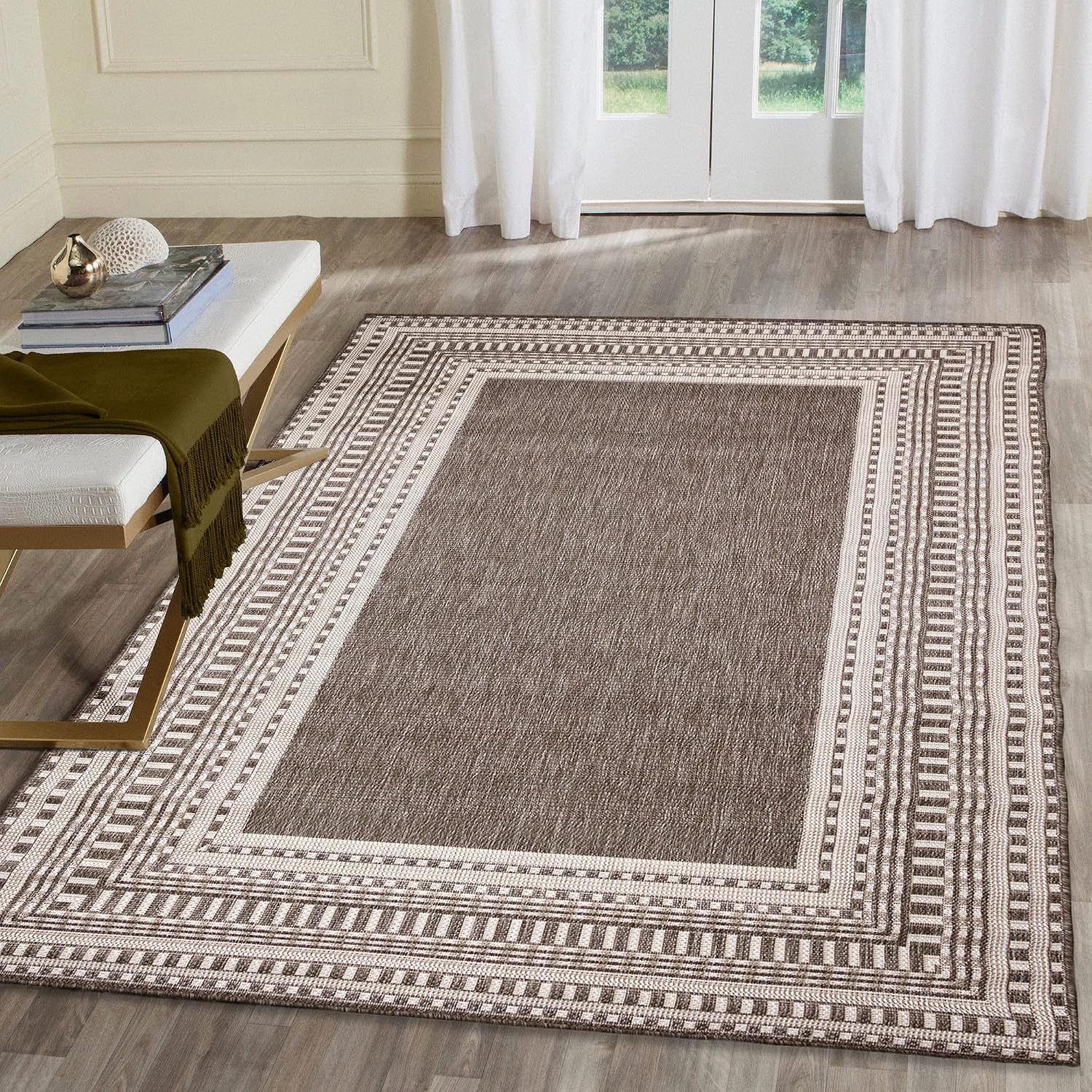 Liora Manne Malibu Indoor/Outdoor Power Loomed Synthetic Blend Low Profile Area Rug - Traditional Border Casual Colorful (Etched Border Neutral) (7'10" x 9'10")