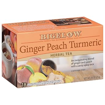 Bigelow Tea Ginger Peach Turmeric Herbal Tea, Caffeine Free Tea with Ginger and Peach, 18 Count Box Pack of 6, 108 Total Tea Bags