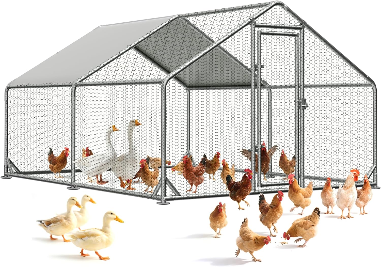 Large Outdoor Chicken Coop with Run, Metal Walk-in Poultry Cag with Waterproof & Anti-UV Cover Lockable Doors,Ducks Coop and Other Small Animals for Yard/Farm/Ranch (13.16'L x 9.88'W x 6.59'H)