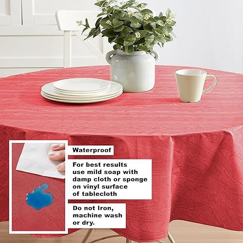 Miniatura 3 de Newbridge Mantel de vinilo ondulado con reverso de franela de vinilo resistente con estampado de color liso rojo Moire, para interiores y