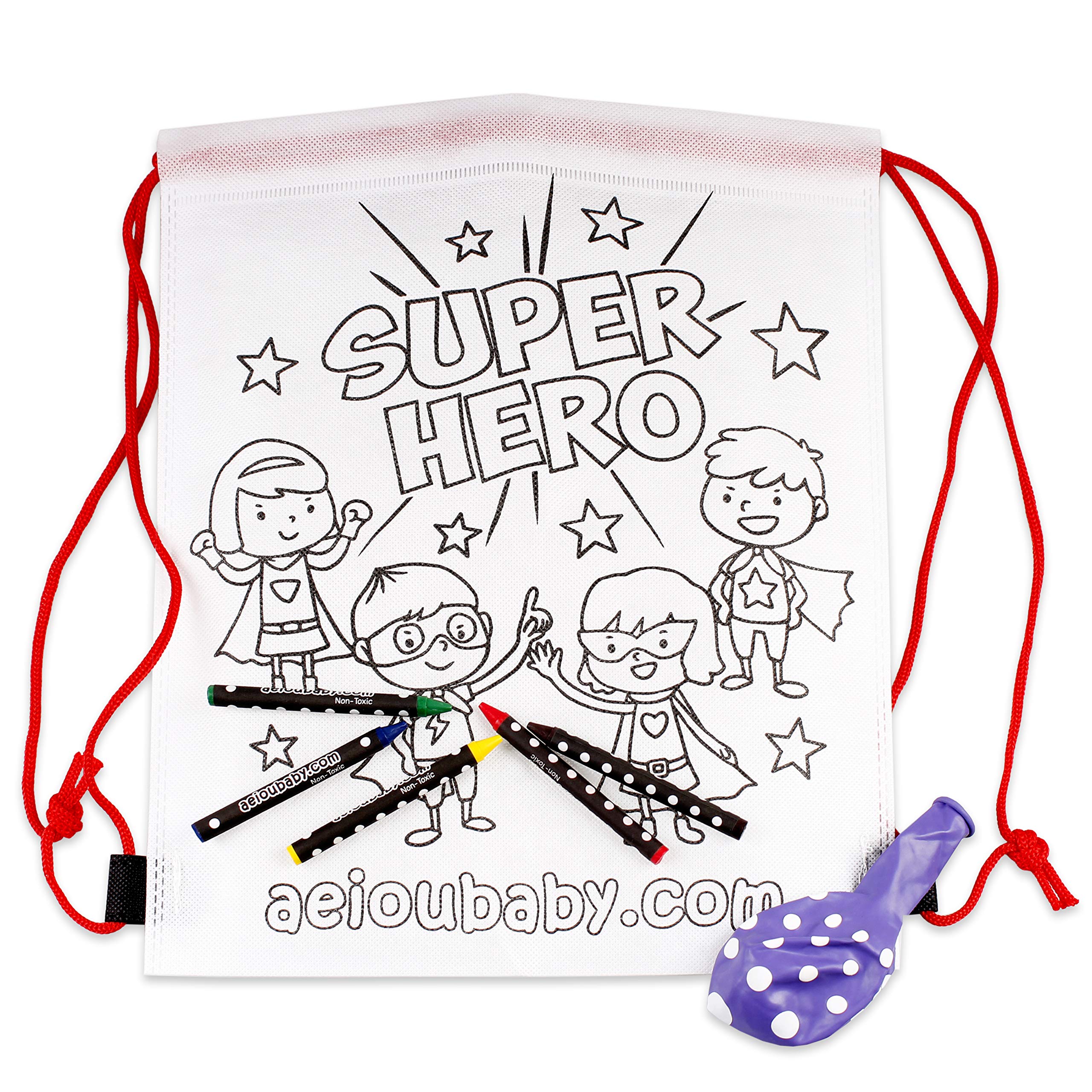 aeioubaby.com 10 Backpacks Color Your Own | 10 Individual Bags with 5 Coloured Crayons and a Balloon | Children's Gift for Parties and Birthdays (Heroes)