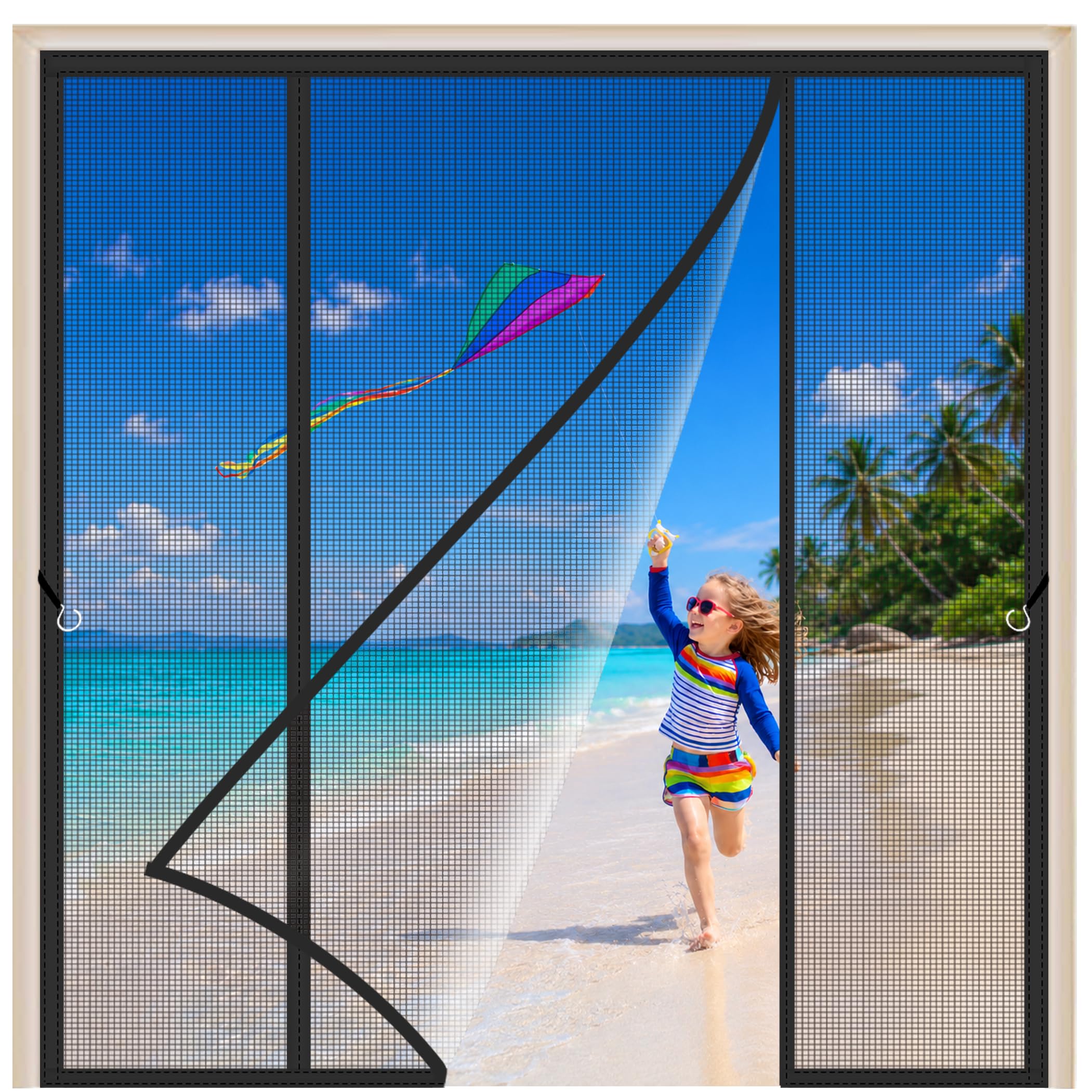 Double Magnetic Fly Screen Door 150x215cm Wide Opening Reinforced Top Middle Anti-Tearing Mosquito Net Privacy Door Screen for Elegant French Doors Leading to patios and Balconies Black