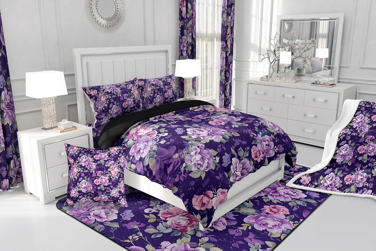 jejeloiu Retro Rose Floral Print Sherpa Blanket Twin 60"x80" Vintage Garden Flower Fleece Throw Blanket Botanical Herbs Flower Watercolor Blossom Plush Blanket Teens Decor Purple Fuzzy Blanket