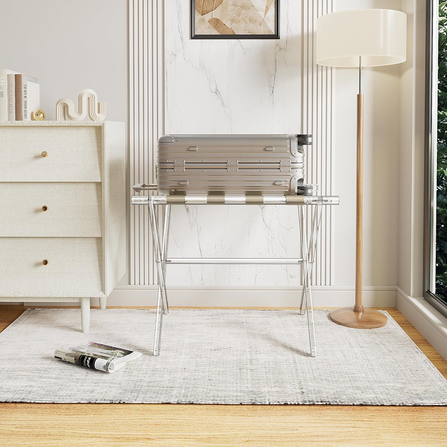 Acrylic Luggage Rack,Foldable Suitcase Stands for Guest Room,Acrylic Luggage Holder with Leather Straps for Bedroom Living Room Hotel,Easy Assemble,Holds up to 60-100 lb