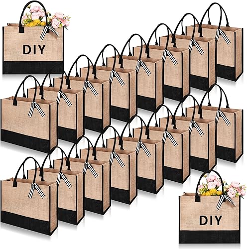 18 bolsas de arpillera de 17 x 12.6 x 6.7 pulgadas, bolsa de yute con asas, bolsa de playa de lona con iniciales grandes, bolsa de playa
