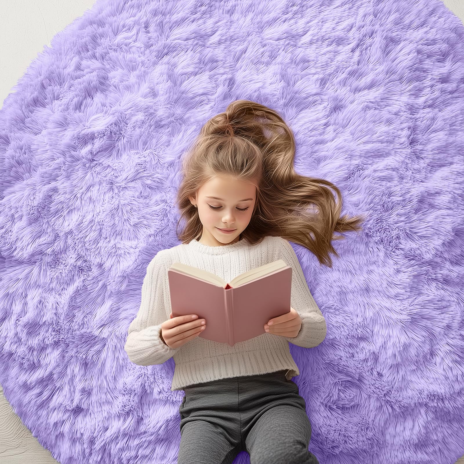 OLANLY Light Purple Round Rugs for Bedroom - Machine Washable, 5 ft Circle Area Rugs for Living Room, Soft and Fluffy Shaggy Carpet for Teen Girls and