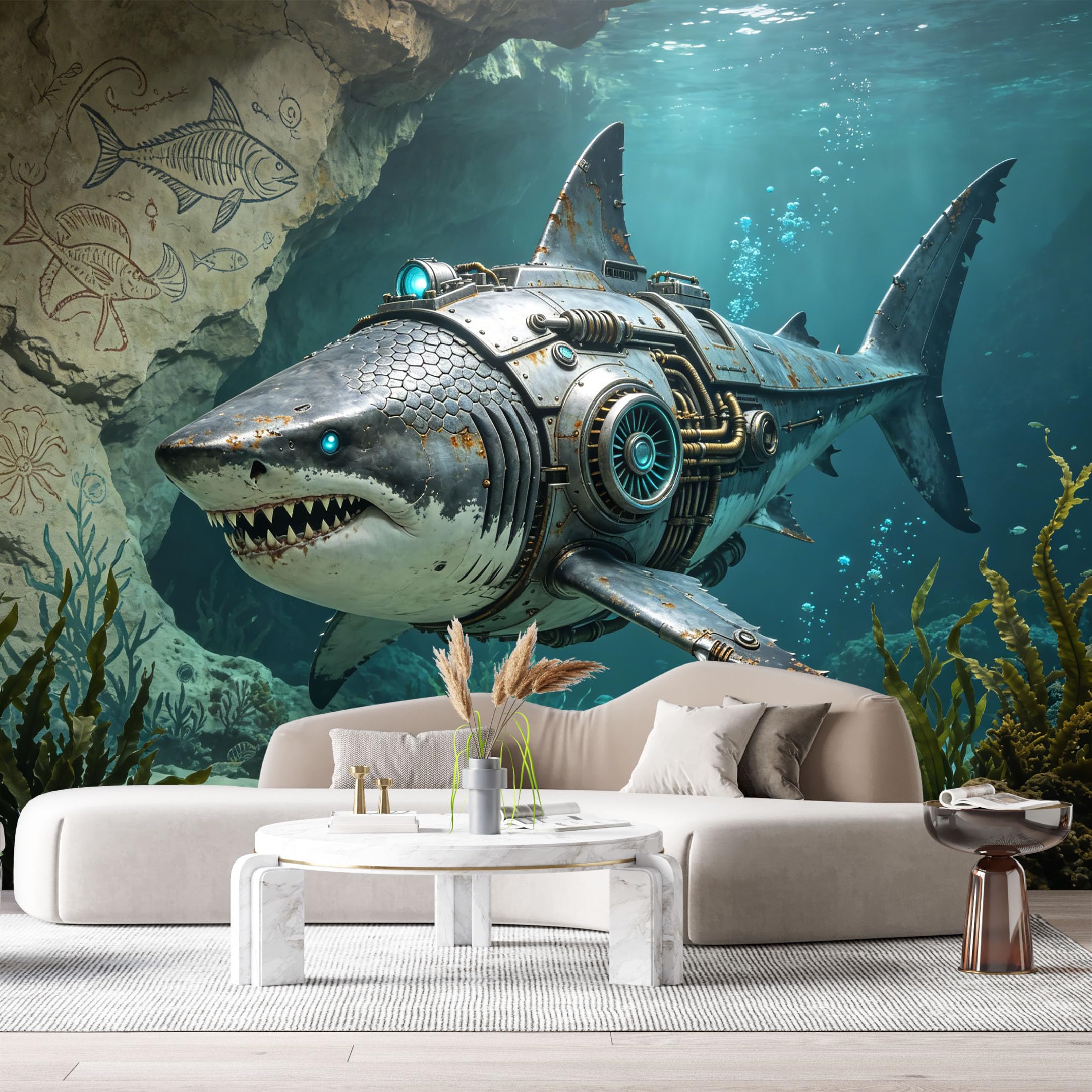 Custom Size Wall Mural Mechanical Aquatic Predator Underwater SciFi Mech Future Ocean Machine Steampunk Submarine Robot SelfAdhesive Art Prints Removable Large Wallpaper Esports Game Room