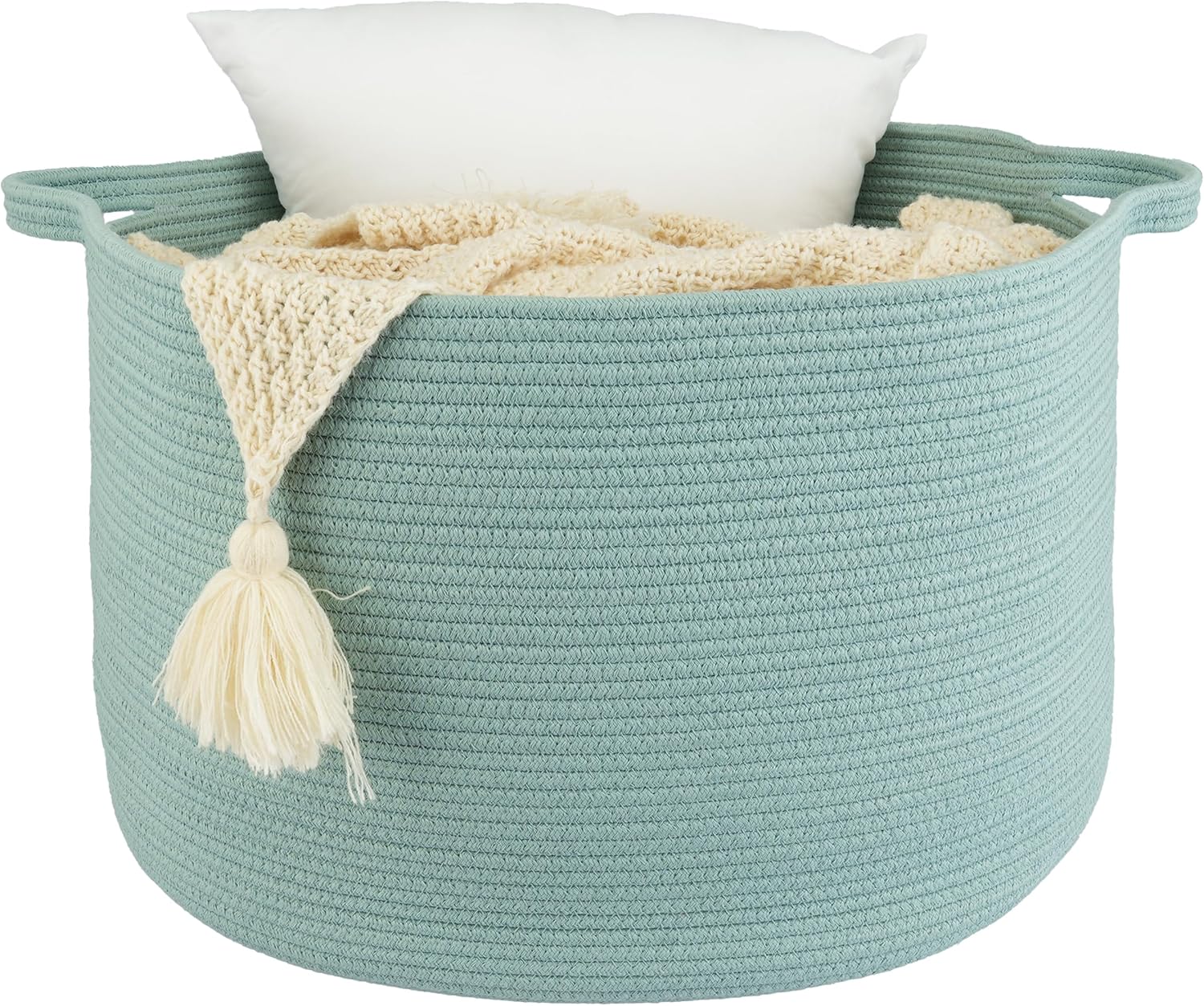XUANGUO Extra Large Cotton Rope Basket – 22"x14" Woven Storage Basket for Blankets, Toys, Laundry, and Nursery – Round Baskets for Living Room, Kids, and Pets Light Green