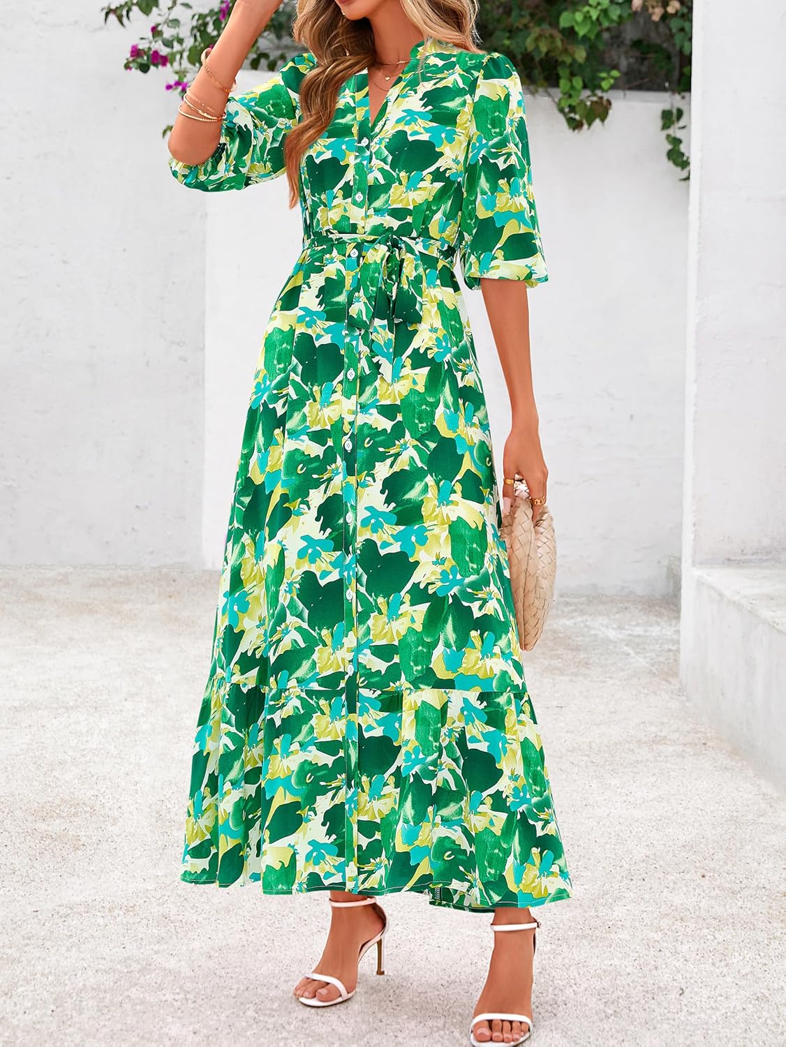 MASCOMODA Womens Floral Maxi Dresses Boho Summer Casual V Neck 3/4 Puff Sleeve Button Down Tie Waist Long Flowy Shirt Dress - Image 4