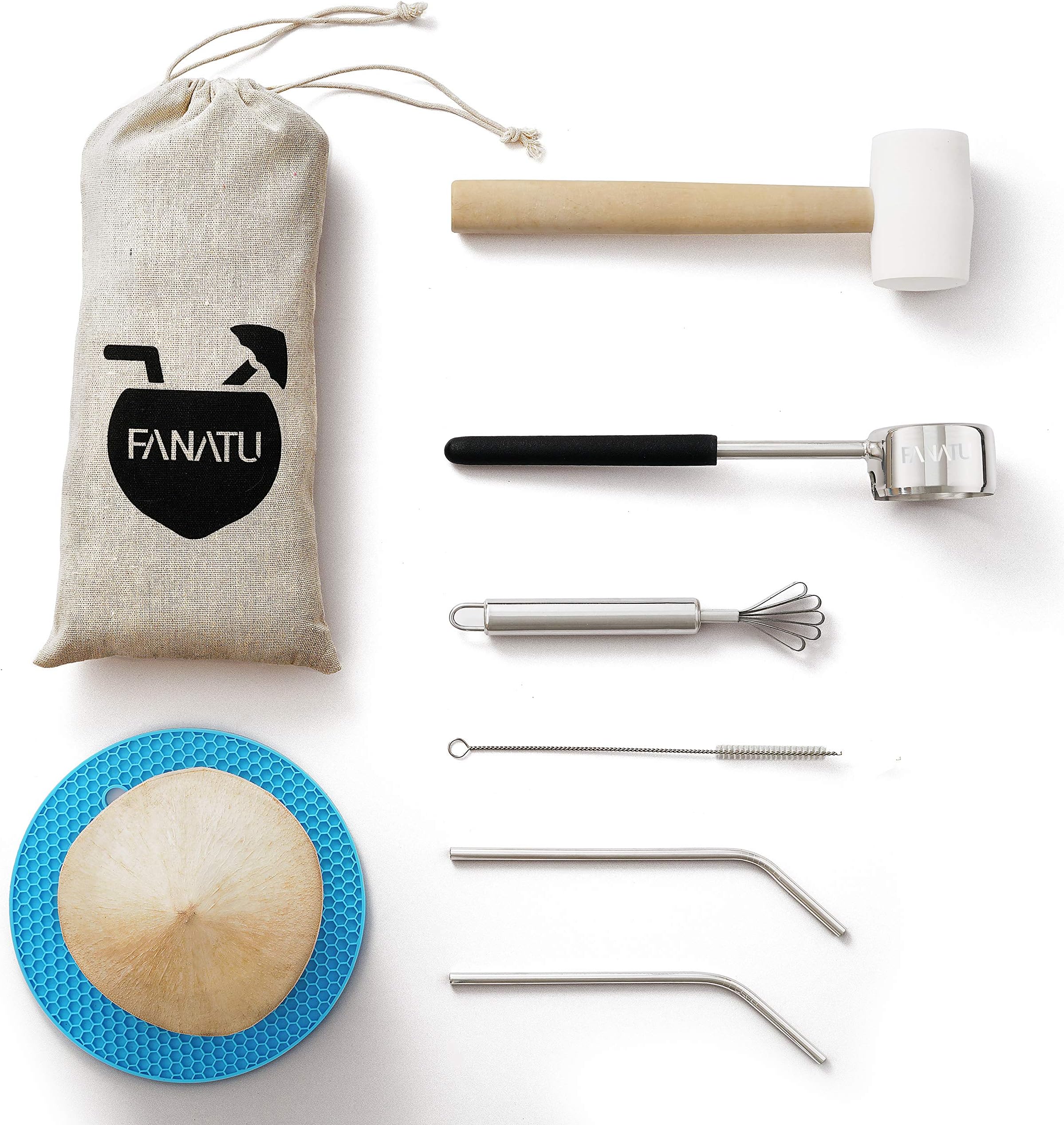 Coconut Opener Set for Young Coconut - Coconut Opener Kit by FANATU – Premium Stainless Steel Coconut Opener Tool & Strong Rubber Hammer - Straw & Brush & Silicone Mat - ALL IN ONE Carry Bag