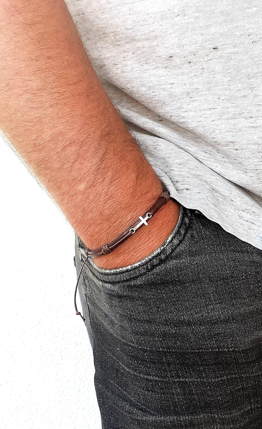 Leather Bracelet with Small Silver Cross, Unisex, One Size, Adjustable