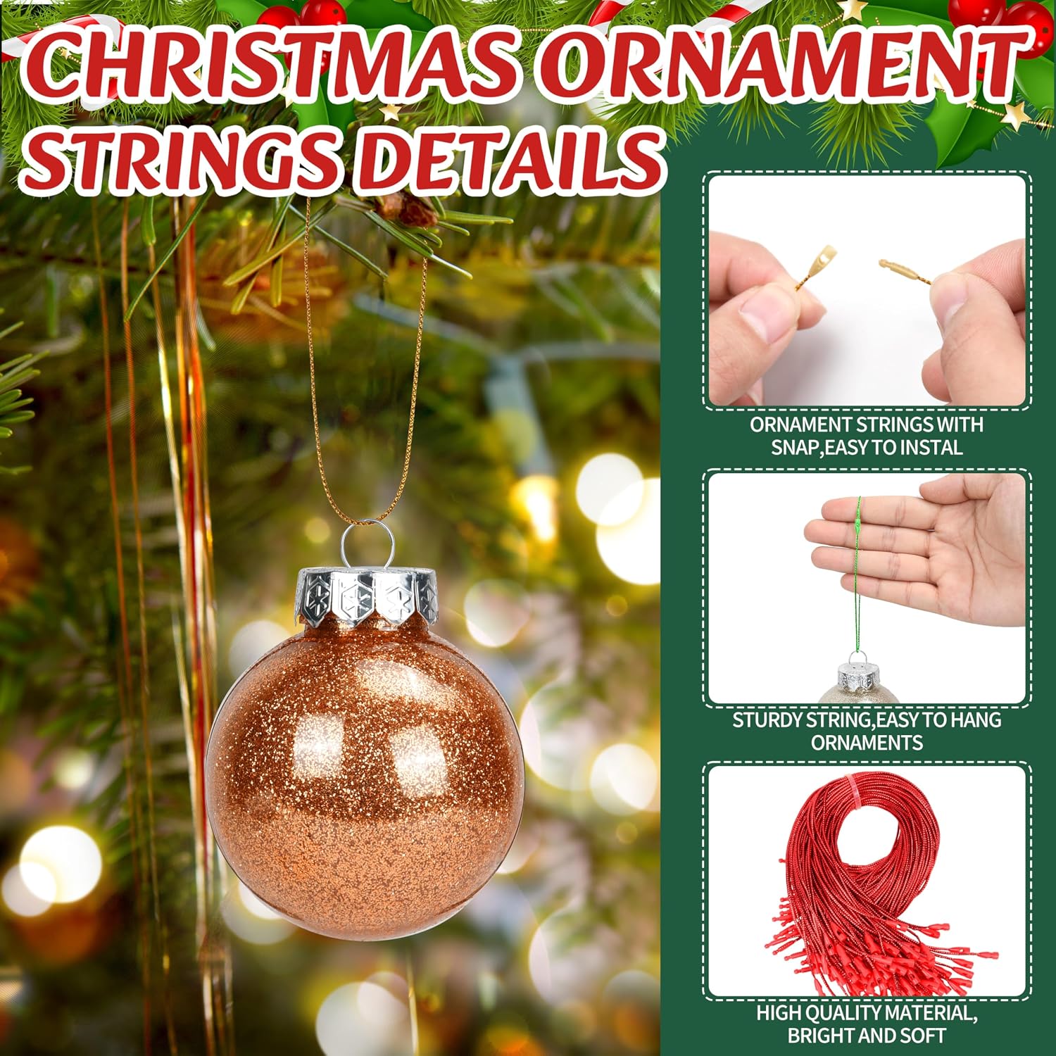 480 Pcs Christmas Ornament Hooks, Ornament Hangers with Snap Ornament String for Christmas Tree Holiday Party Hanging Ribbon Decorations Ropes Easy and Fast Locking(Mix Color)