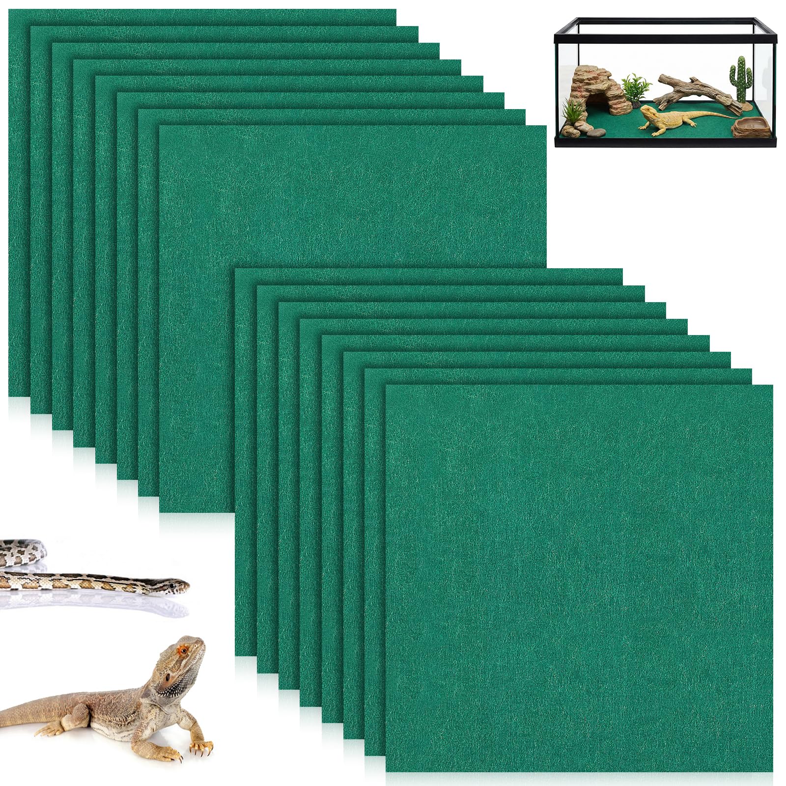 HunnmingRe 16 Pcs 12 x 12 Reptile Carpet Terrarium Liner Bedding Reptile Substrate Mat Tank Accessories for Terrarium Lizards Turtles Snakes Bearded Dragon Iguana, Green