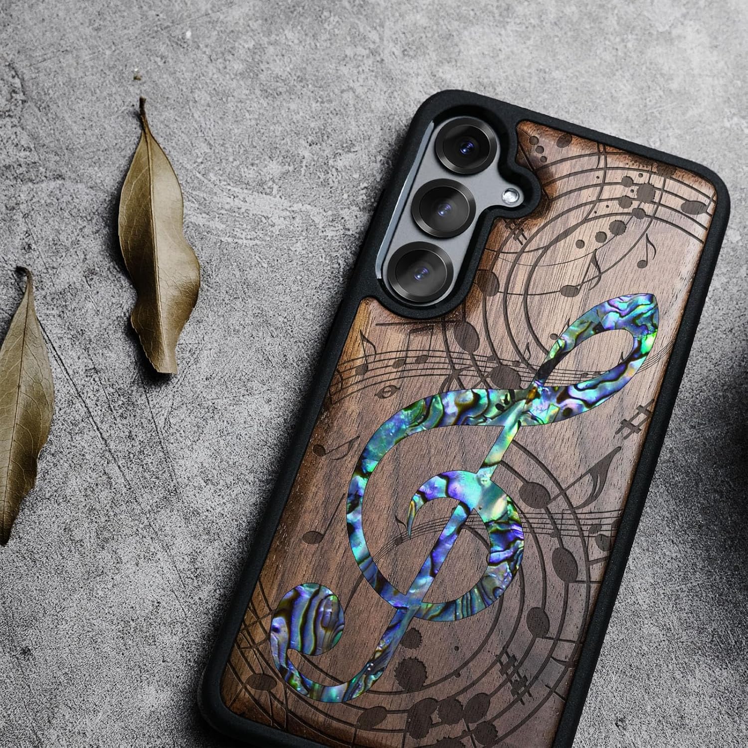 Carveit Magnetic Wooden Case for Samsung Galaxy S25 Case, Wood Artisan Engraved & Handmade Shell Inlaid, Compatible with MagSafe Wireless Chargers (Musical Note) Walnut