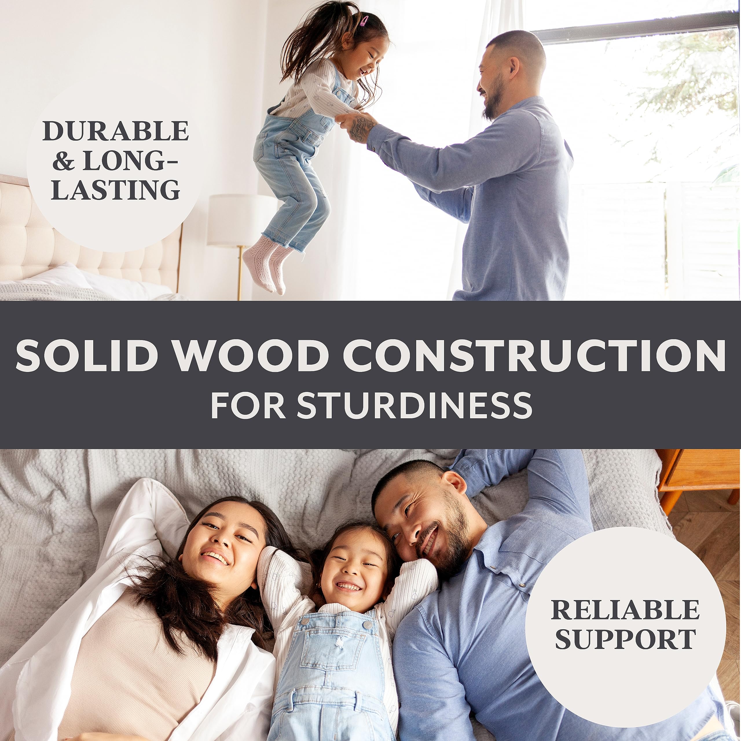 DG Casa Adams Solid Wood Queen Size Storage Platform Bed Frame with 2 Built-in Drawers and Grey Upholstered Headboard, Mitered Corners, No Box Spring Needed