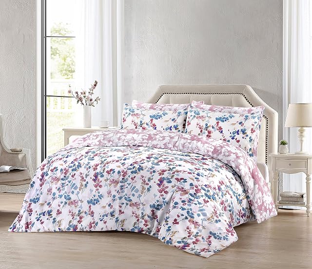 Duvet Cover Set with Pillowcases 3 Piece, Printed 200 Thread Count 100% Cotton Rich White Duvet Cover / Blue / Purple / Pink Bedding Set Double King Super King Bed Size (Purple Pink, King)