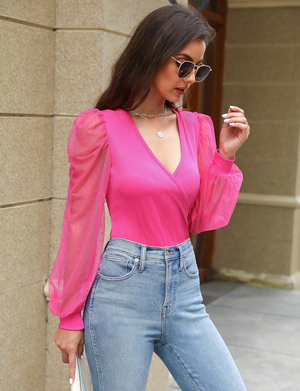 Fayenne Womens Tops Deep V Neck Cross Wrap Sexy Tops Polka Dot Mesh Long Sleeve T Shirt Casual Blouses - Image 4