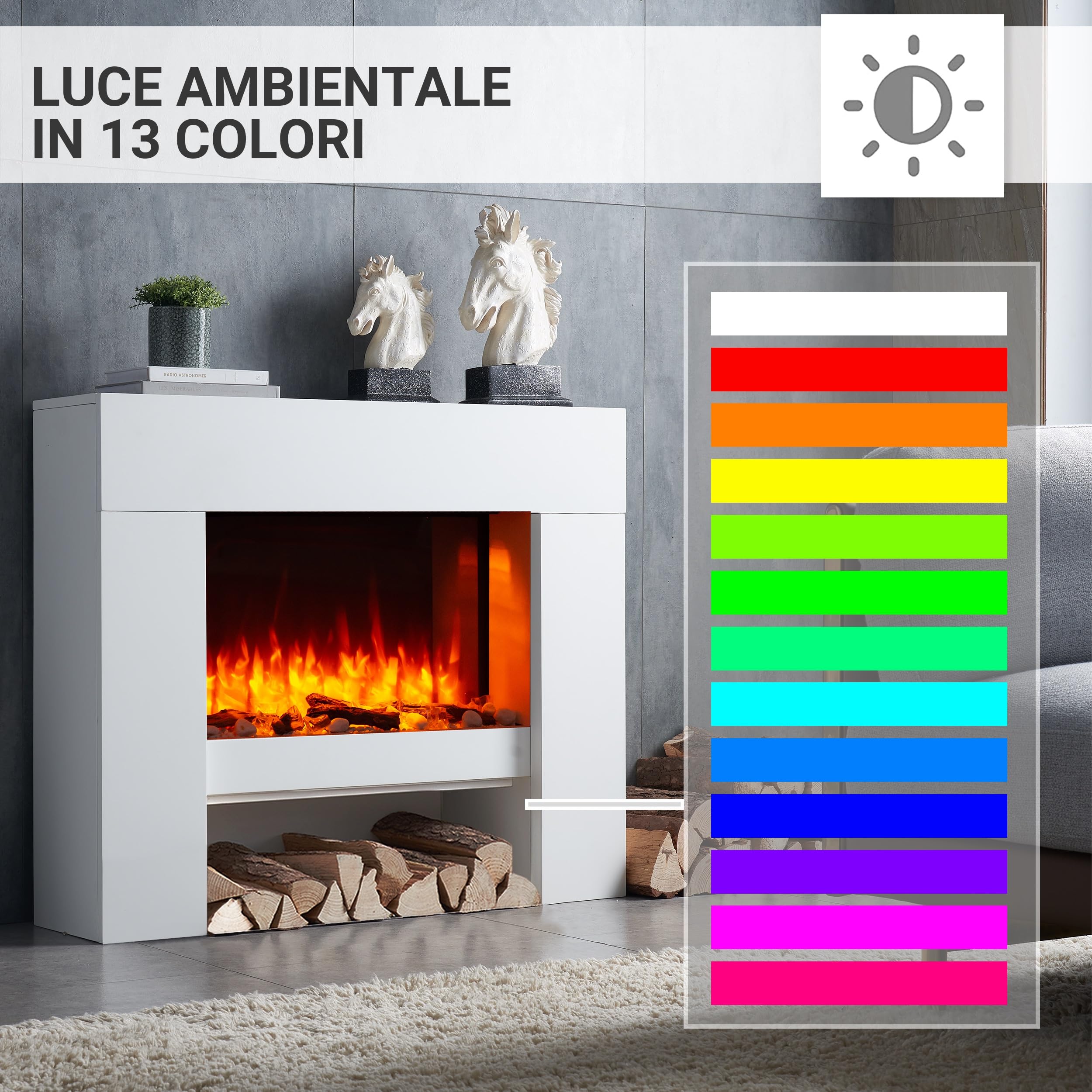 RICHEN camino elettrico da terra Naran | Caminetto da pavimento con vano decorativo | Riscaldamento elettrico 2000 W| Effetto fiamma 3D | Focolare con telecomando, timer, termostato | Bianco