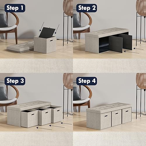 Miniatura 7 de Ornavo Home Taburete otomano plegable de lino con 3 cubos de cajones, 15 x 40 x 15 pulgadas, color negro