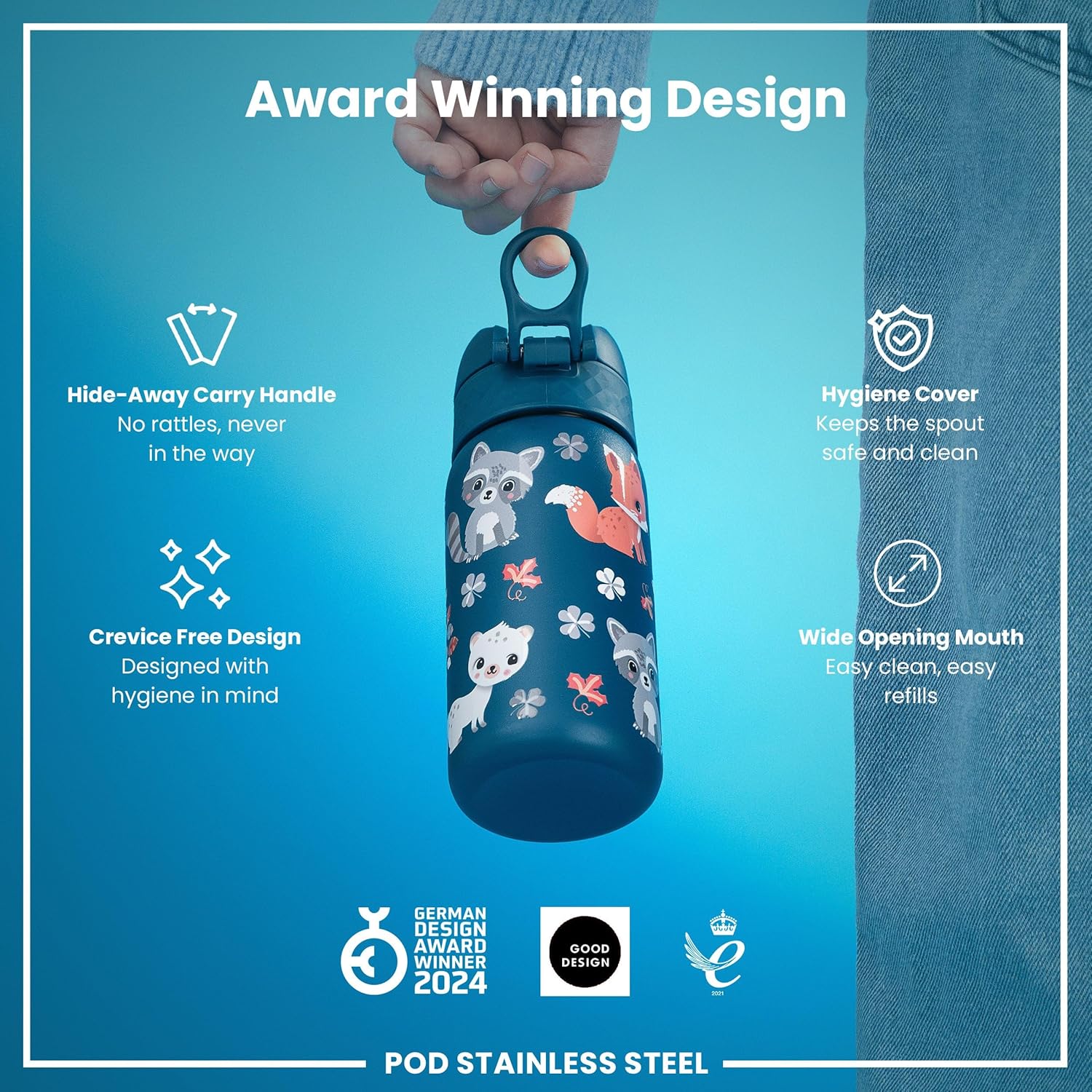 Ion8 Kids Water Bottle, Steel 400 ml/13 oz, Leak Proof, Easy to Open, Secure Lock, Dishwasher Safe, Flip Cover, Carry Handle, Easy Clean, Durable, Metal Water Bottle, Raised Print, Forest Animals