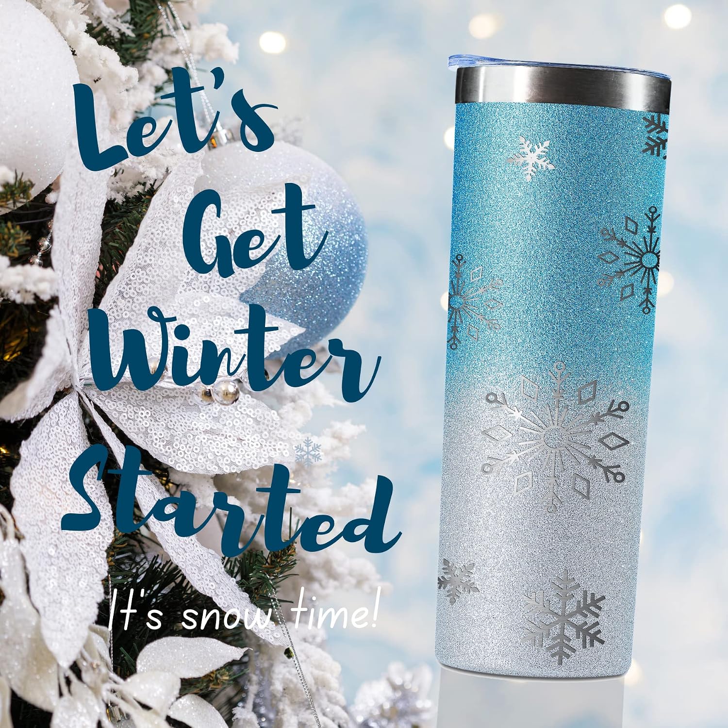 Onebttl Winter Gift, Christmas Gift for Women, Teens, Girls, Girlfriend, Friends, Daughter, Sister, Xmas Gifts, Snowflake Glitter Stainless Steel Tumbler 20 Oz, Blue and Silver