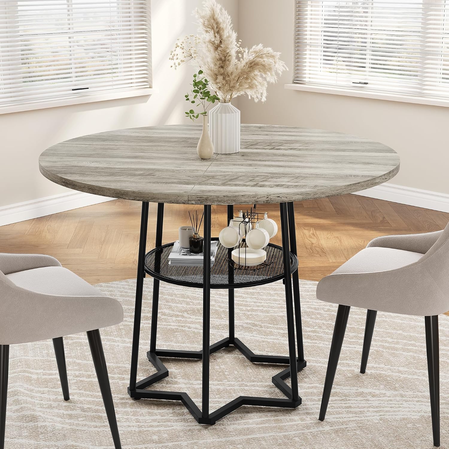 Round Dining Table Circle Storage Round Mesh Storage Rack Hexagonal Metal Base - Picture 17 of 18