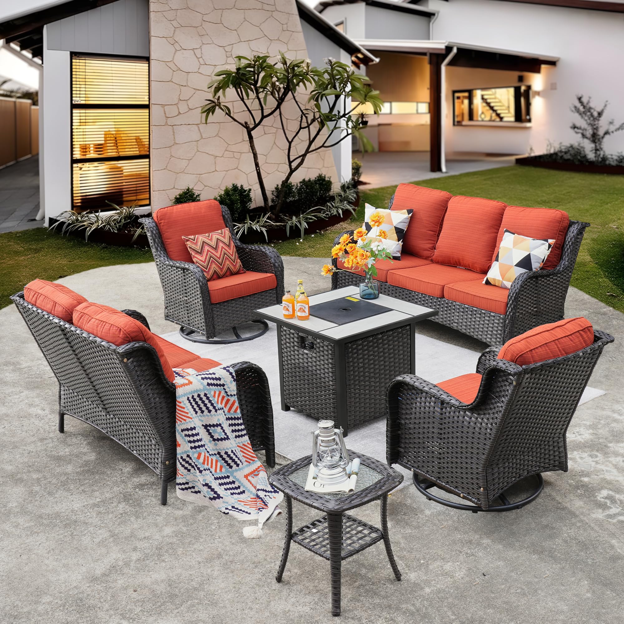 ovios 6 Pieces Patio Furniture Set with 30 inch Fire Pit Table, Outdoor Wicker Sofa Couch Loveseat, Swivel Rocking Glider Chairs, Modern Conversation Set, Brown Rattan, Orange Red