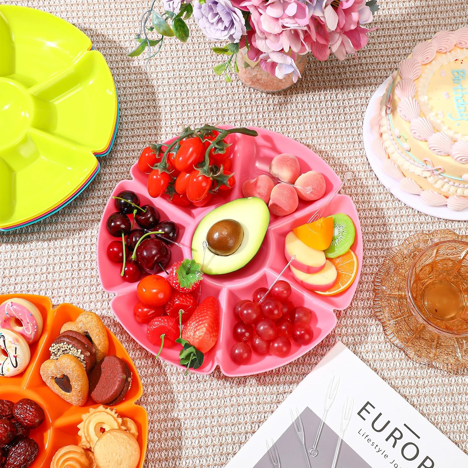 Zhehao 6 Pcs Plastic Divided Serving Trays with 60 Pcs Disposable Fork, 7 Compartments Round Chip Dip Plate, Petal Shape Platter, 10.6'' Snacks Serving Dish for Party Candy Nuts Fruits (Vibrant Color)