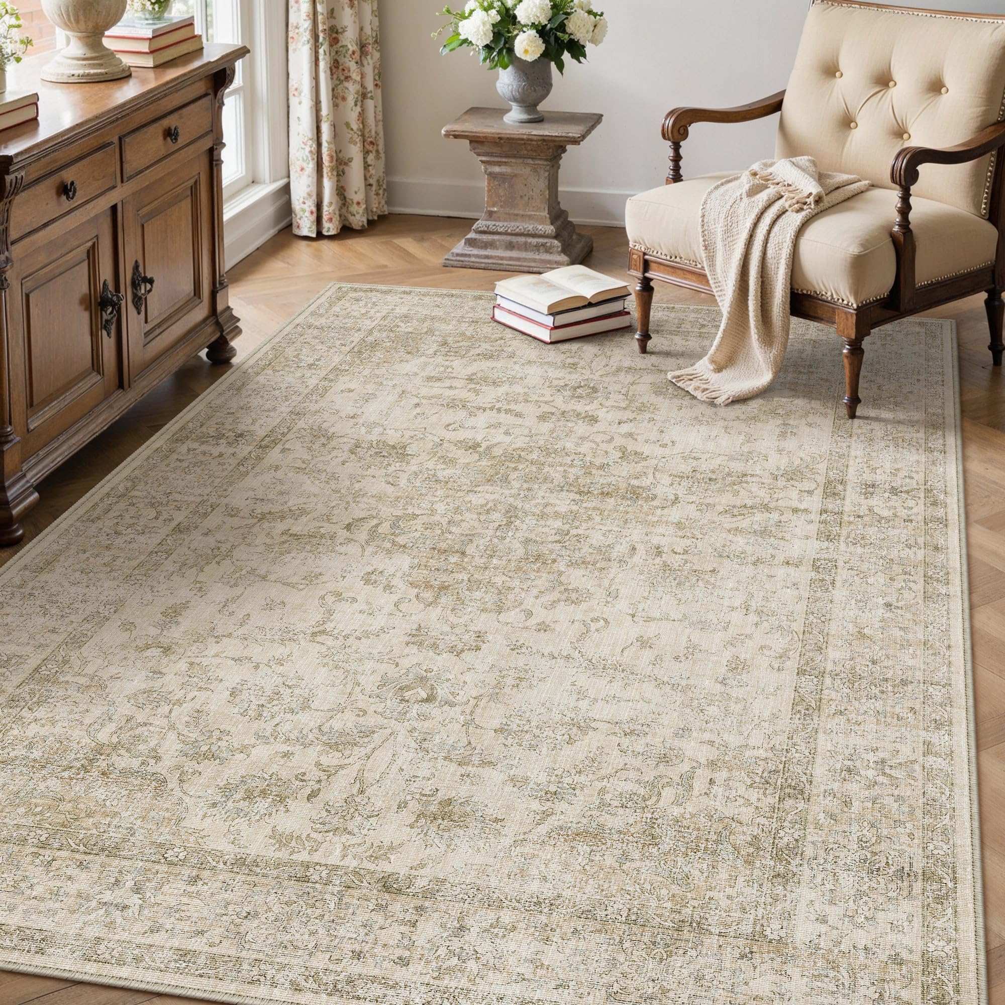 PureCozy Vintage Teppich Wohnzimmer 120x170cm Beige Schlafzimmer Wohnzimmerteppich Waschbarer rutschfest Carpet Boho Bettvorleger Esszimmer BüRo Weich Kurzflor Groß Teppiche