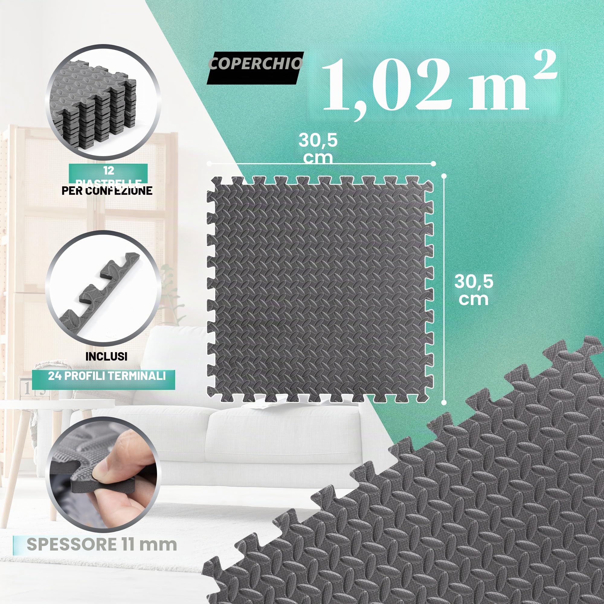 Yes4All 8YCR Tappeto ad incastro-12SQFT, 1,1 m² (12 piastrelle), grigio