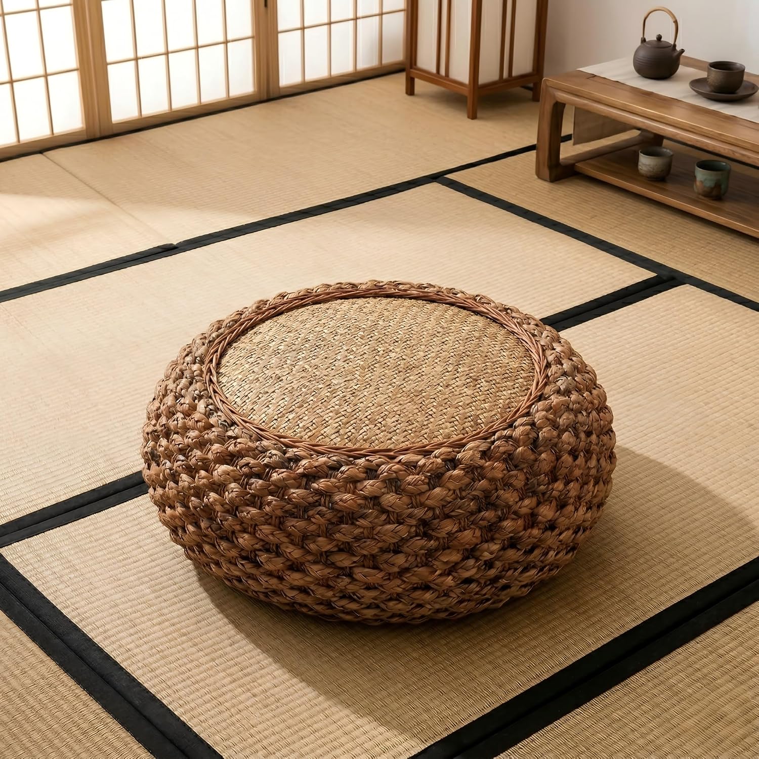 6.7" Thick Japanese Rattan Floor Cushion, Hand-Woven Round Straw Pouf Ottoman, High-Density Sponge Filled Tatami Floor Pillow for Meditation, Yoga, and Zen Room Decor (15.7 Inch) (1)