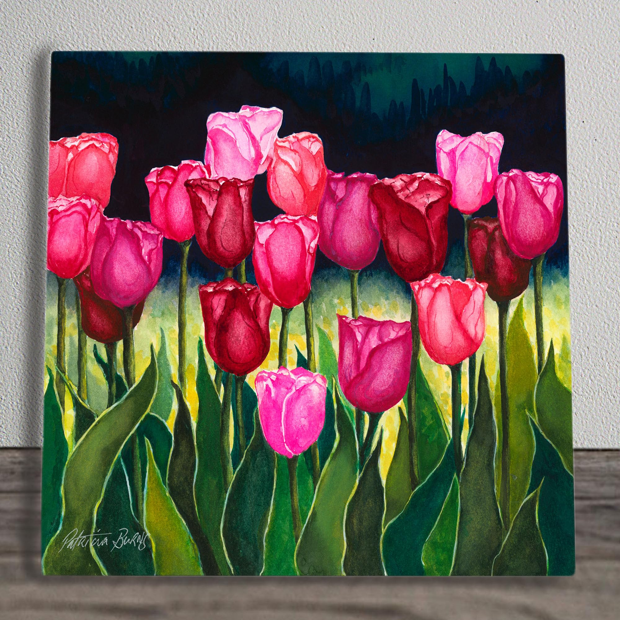Global Designs Tulips Ceramic Tile Picture Plaque Sign Wall Art Red & Pink By P Burns 20x20cm