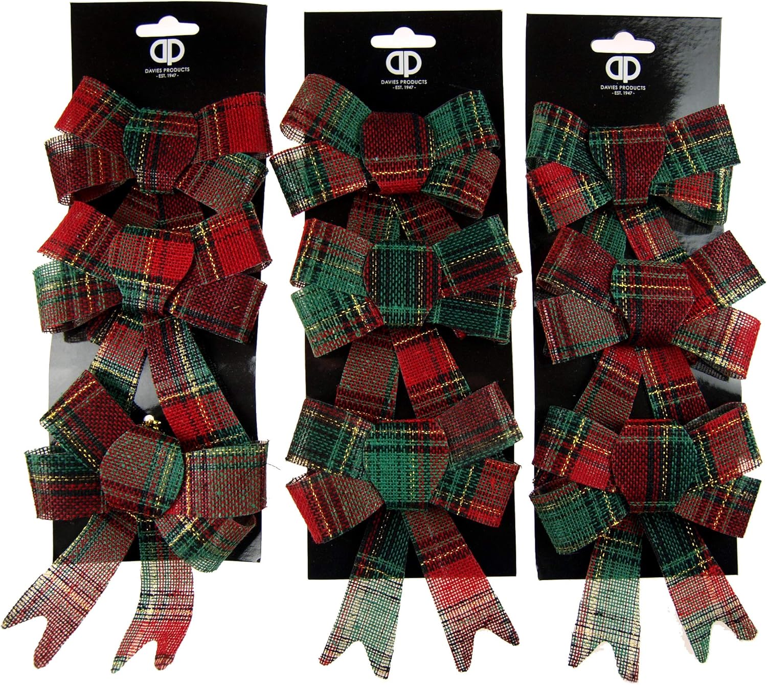 Set Of 9 Red Green Traditional Tartan Christmas Tree Bow Decorations