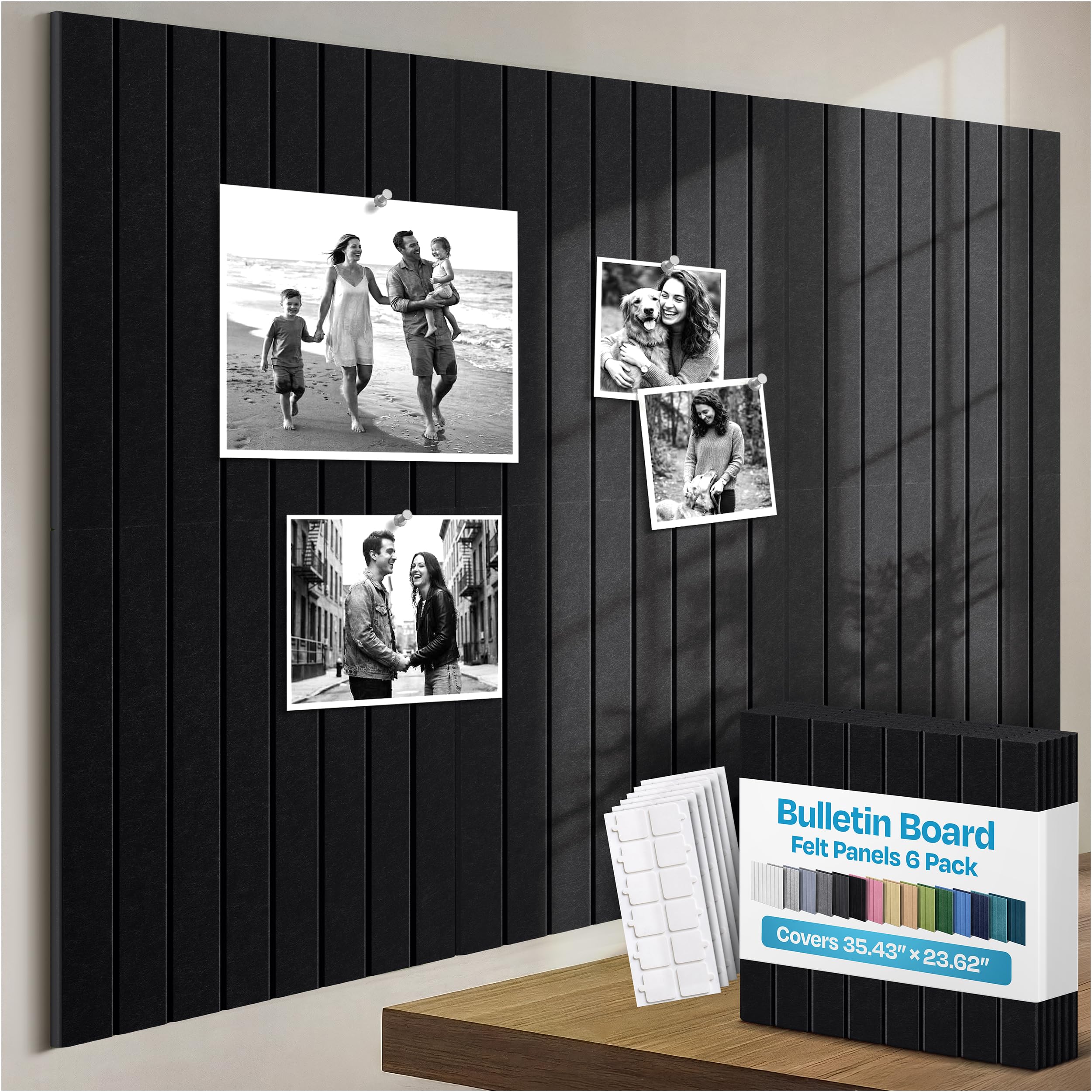 Large Cork Board Alternative 6-Pack Felt Bulletin Board Thick and Decorative Pin Board for Home Office Walls 35.43 x 23.62 Inches with 36 Adhesive Tabs - [Deep Black]