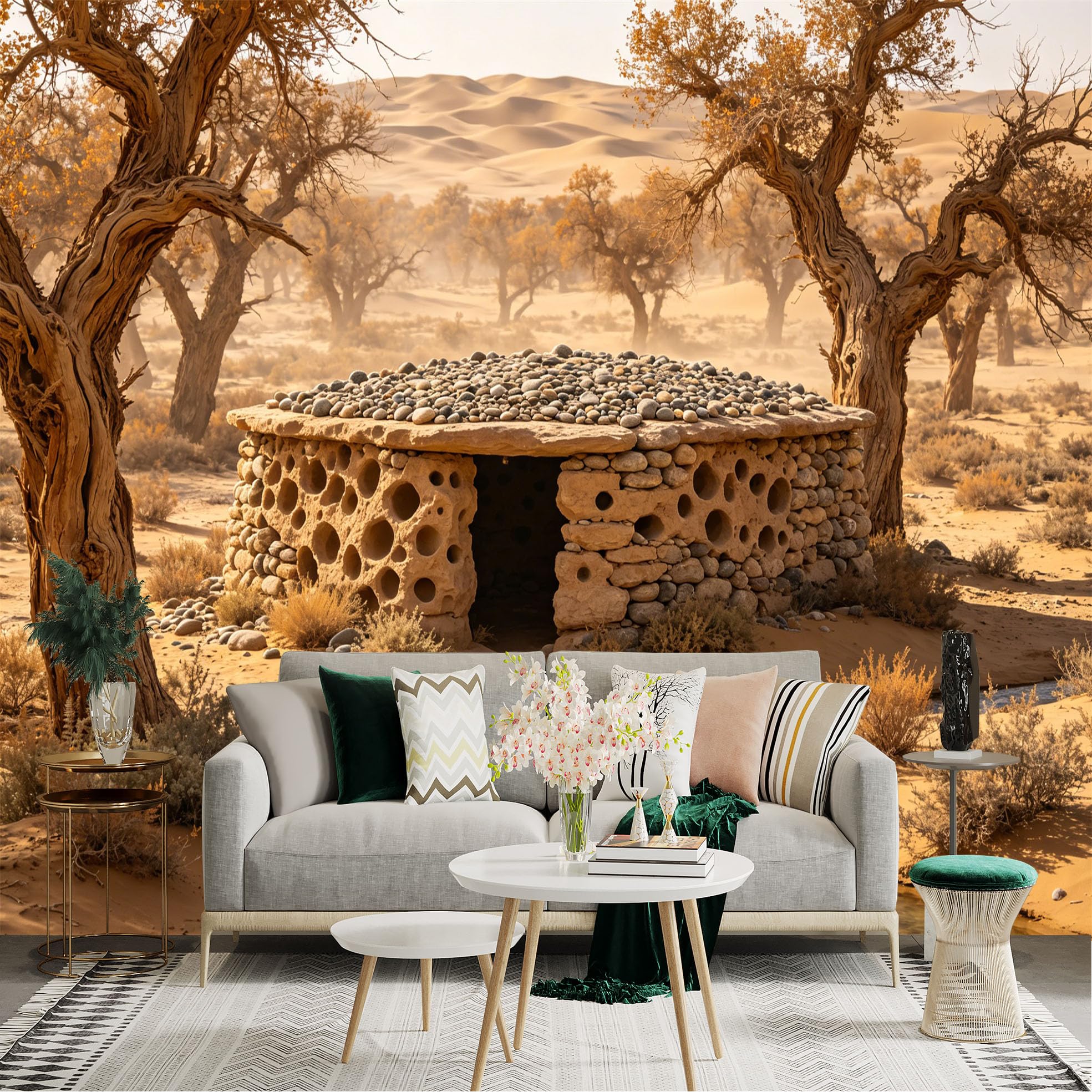 Custom Size Wall Sticker Mural， Desert Landscape with Stone Hut， Sand Dunes and Trees， for wall Decoration， peelandstick wall Decals.