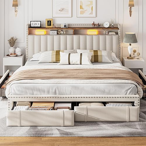 EnHomee King Size Bed Frame with 4 Storage Drawers, 2-Tier Storage Headboard, Vertical Tufted Headboard, Platform Bed Frame with Wooden Slats Support, No Box Spring Needed, Beige