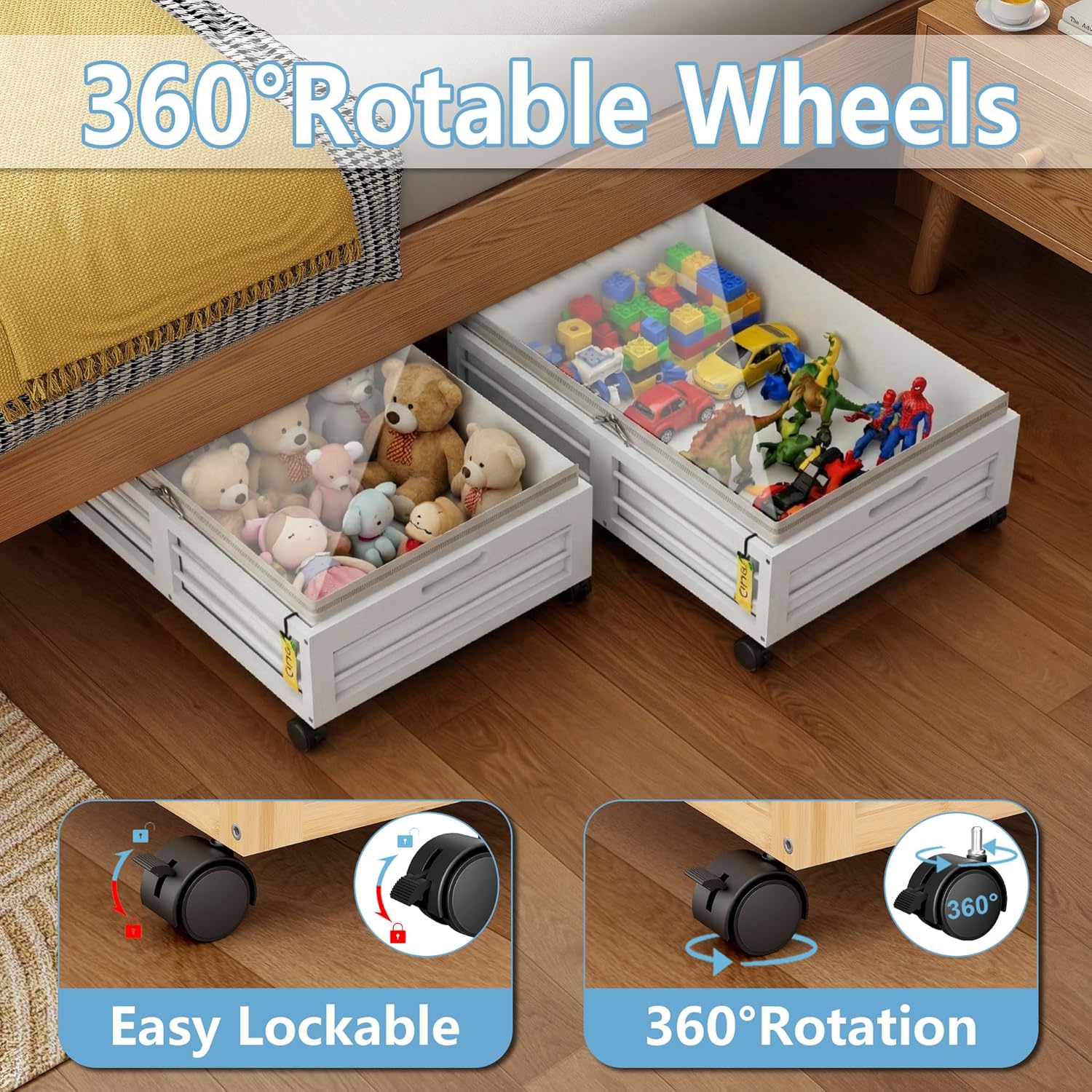 Under Bed Storage Containers with Wheels, Larger Bamboo Wood Under Furniture Storage Containers with Dust Bags，Rolling for Shoes Clothes